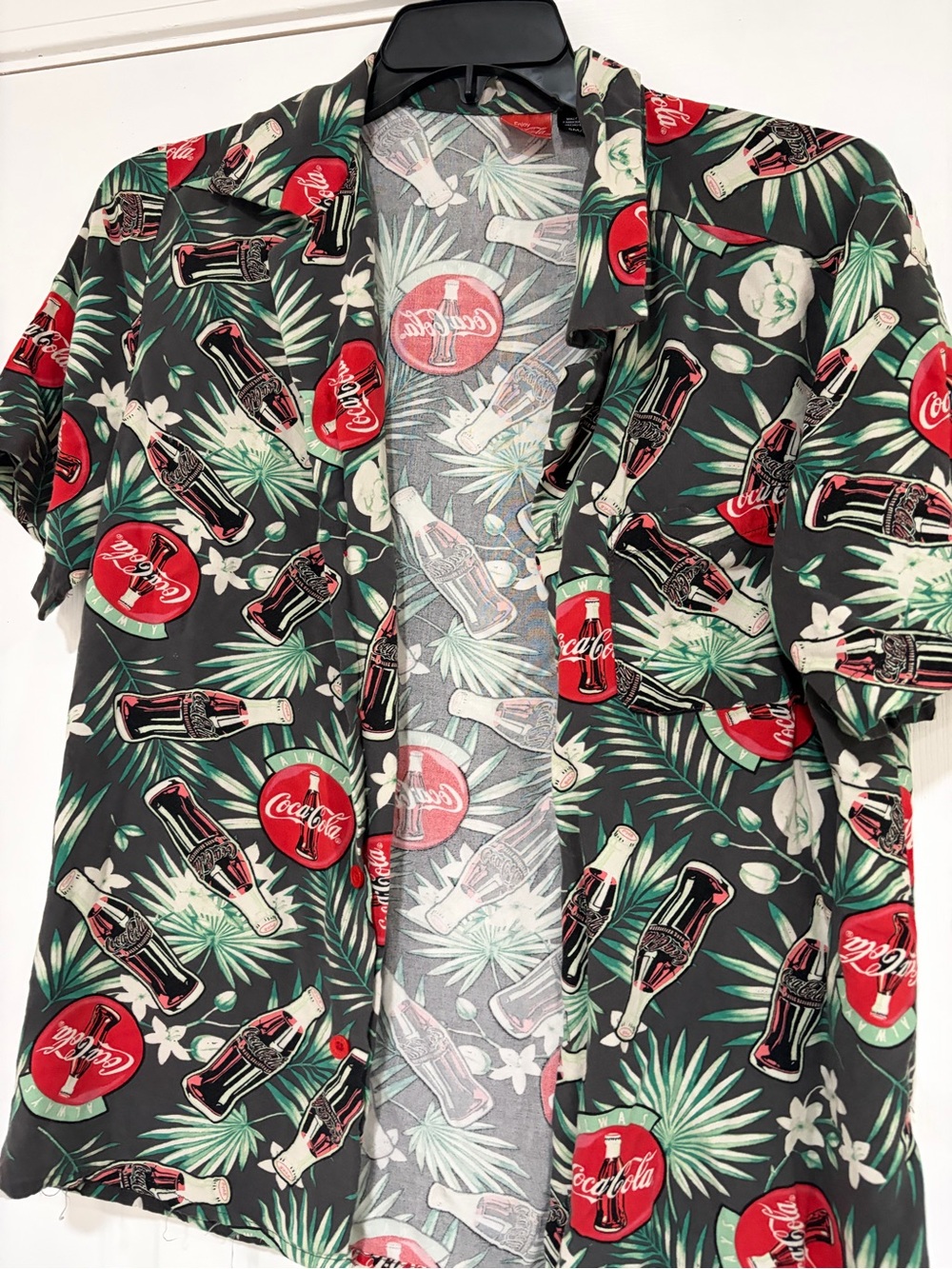 Coca Cola Black Hawaiian Print Button-Up Shirt with Red Accents